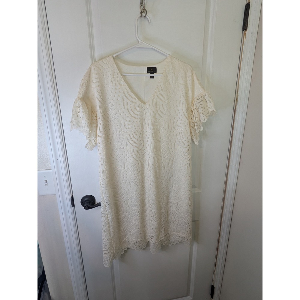 Worthington Ivory Geometric Lace Ruffle Sleeve V-Neck Shift Dress Cream Small